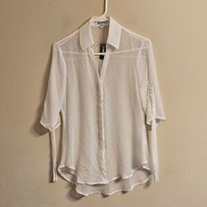 Express White Clip Dot Sheer Button Up Blouse Tie Sleeve XS 09705900-0001